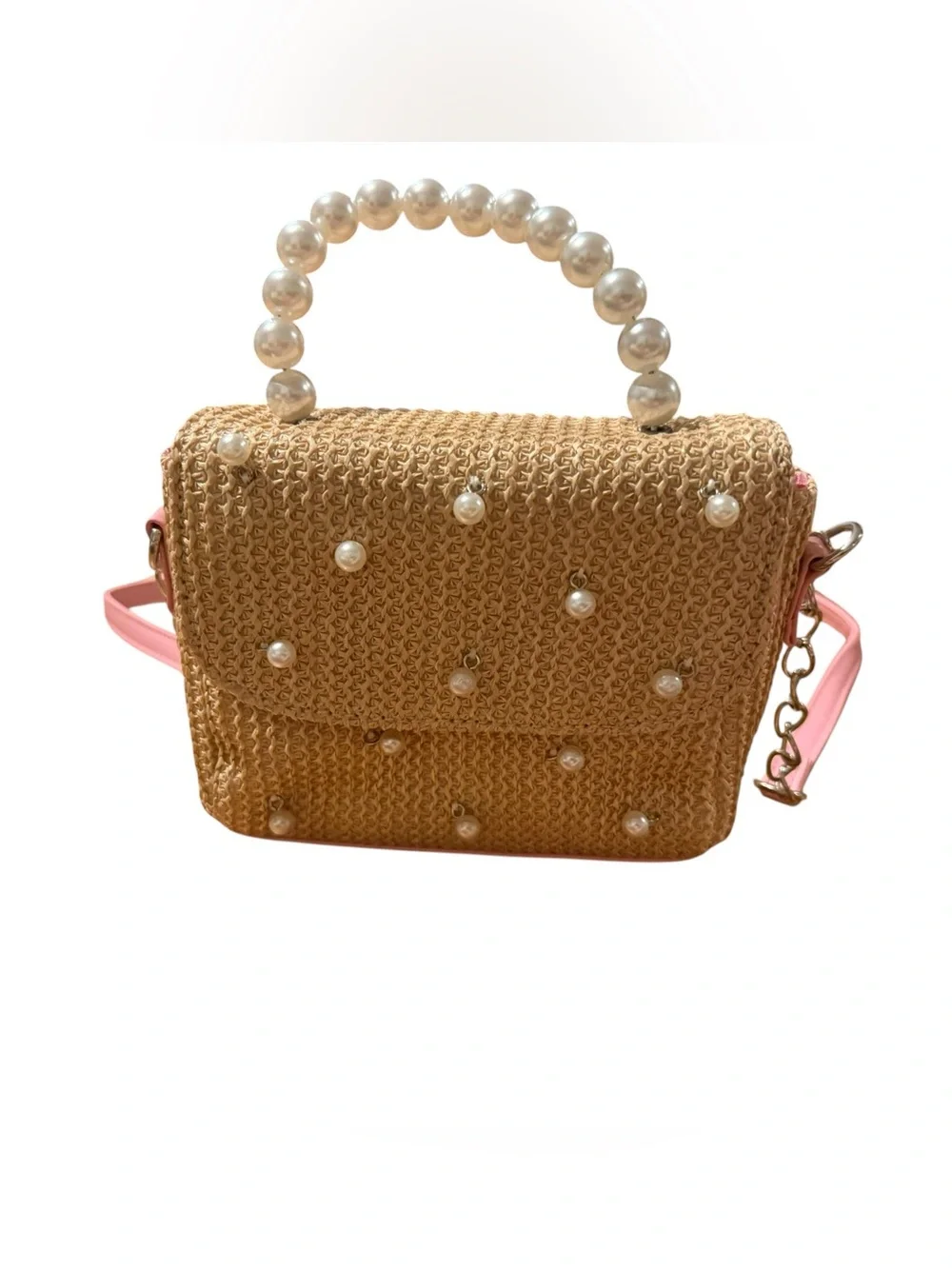 OMG Accessories Tan & Pink Pearl Detailed Convertible Bag